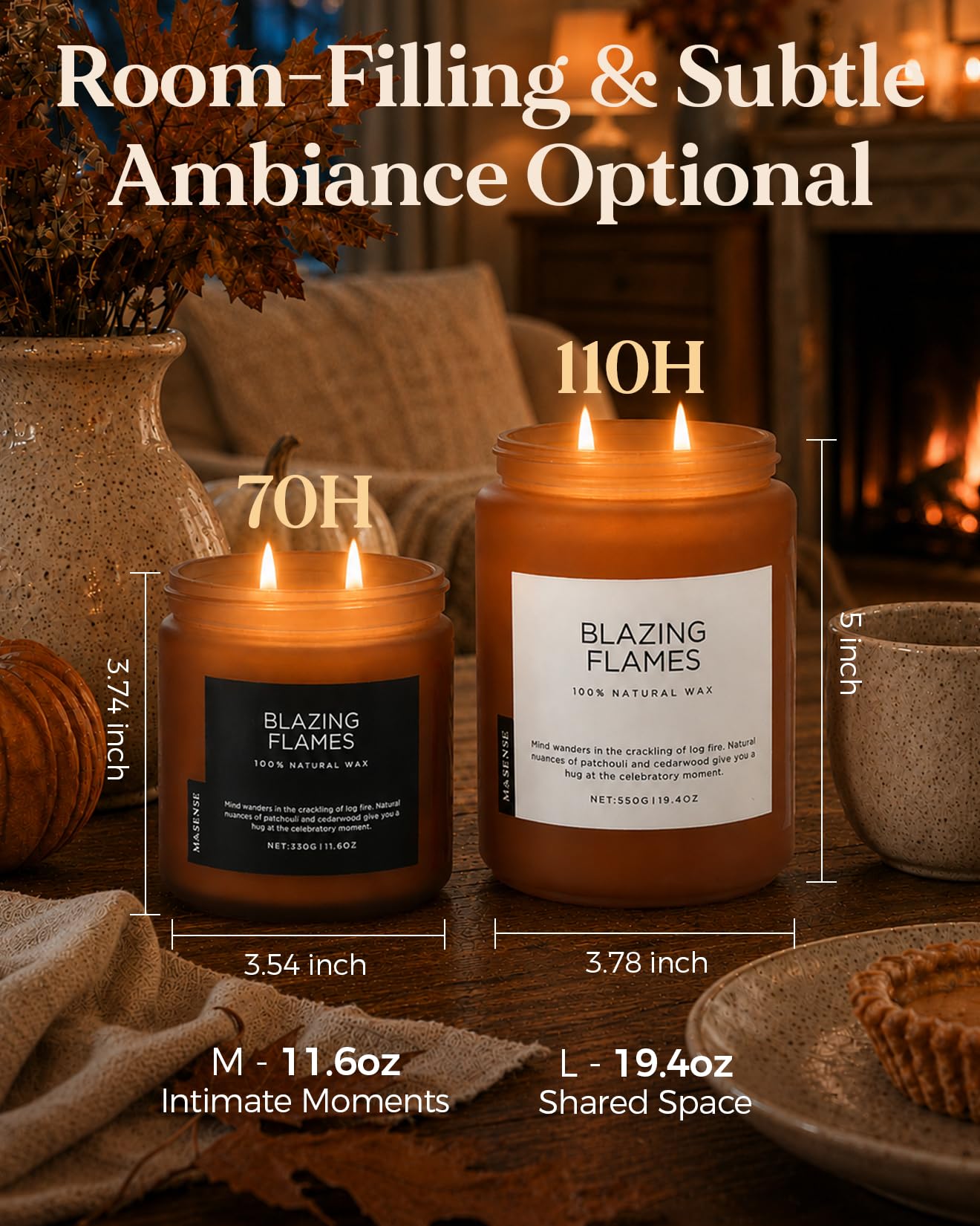 M&SENSE bougie allumée en ambiance, parfum boisé diffus délicat