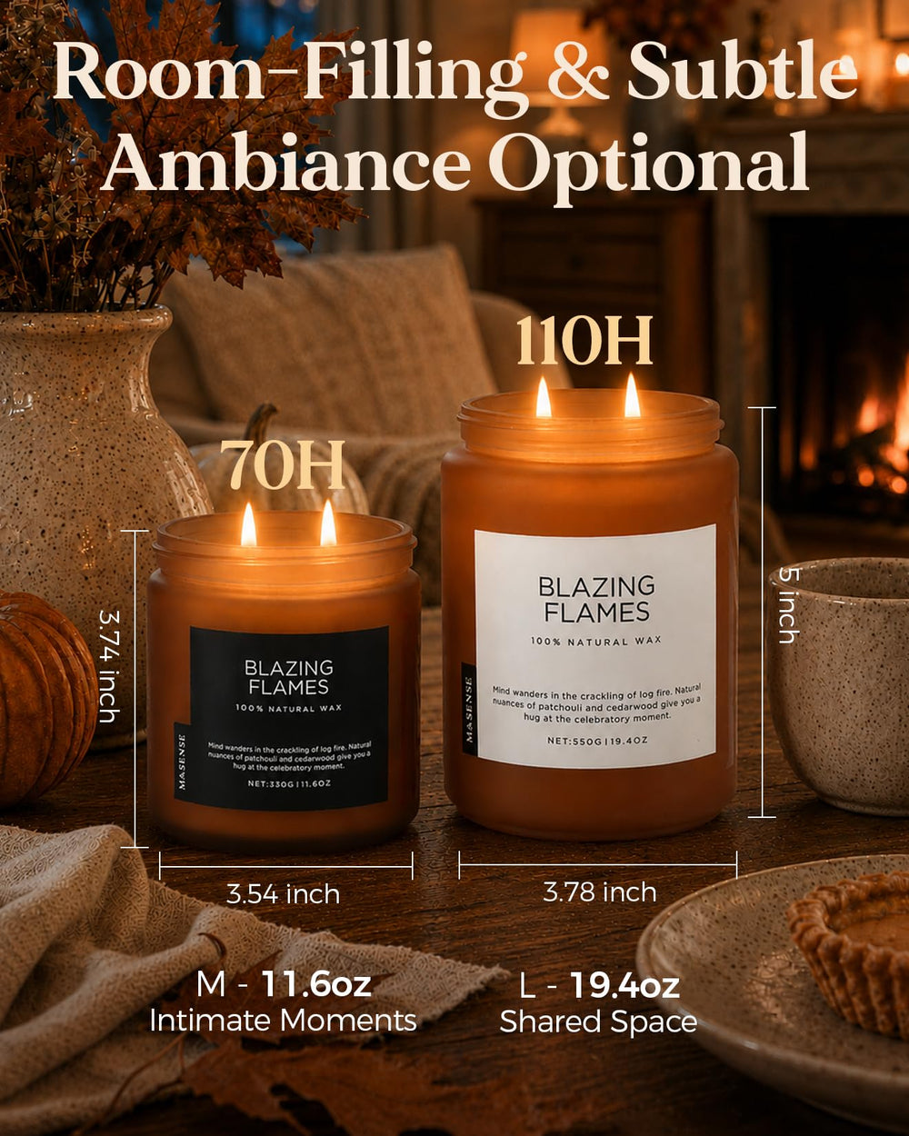 M&SENSE bougie allumée en ambiance, parfum boisé diffus délicat
