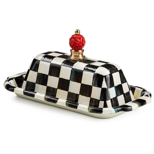 MACKENZIE-CHILDS boîte à beurre face montrant motif Courtly Check, élégance déco