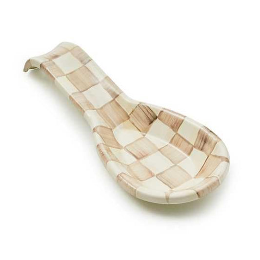 MACKENZIE-CHILDS vue face du repose-cuillère montrant motif Mocha Check et utilité