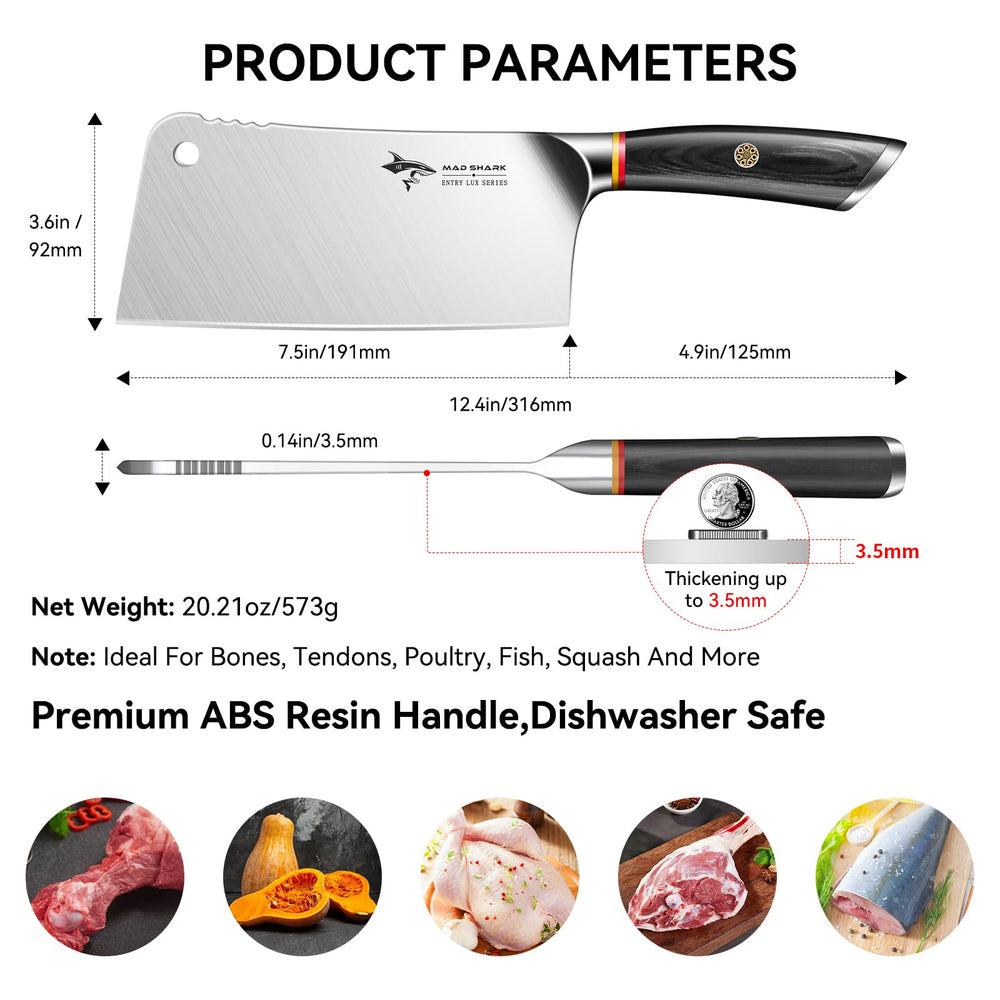 MAD SHARK hachette en action découpant une pièce de viande, efficacité en cuisine