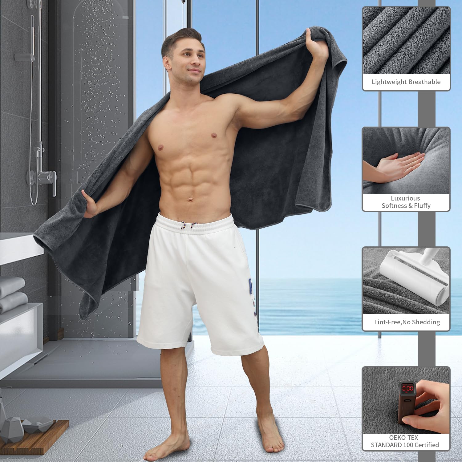 MAGGEA serviette en usage enroulée autour d’un adulte pour confort et couverture