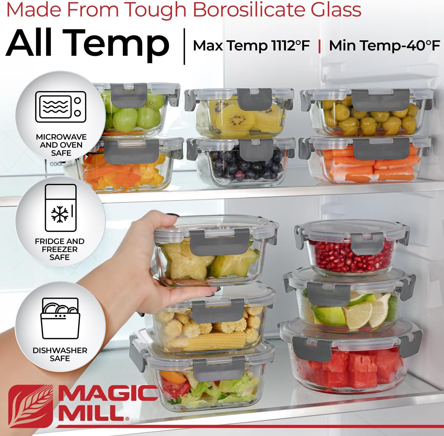 Magic Mill gros plan du verre borosilicate montrant finition lisse et résistante