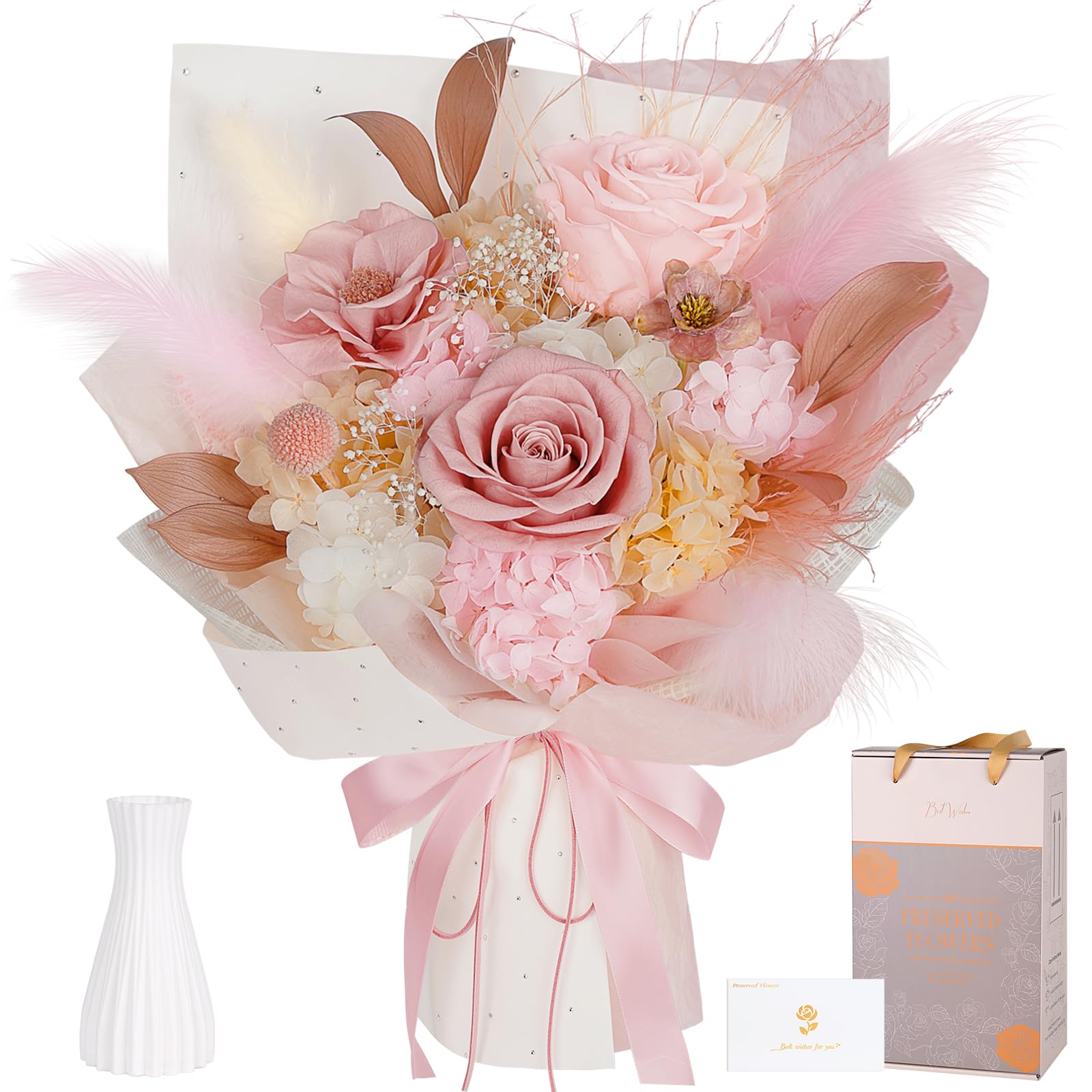 MAMAMIKO boîte cadeau élégante montrant le bouquet et le vase prêt à offrir