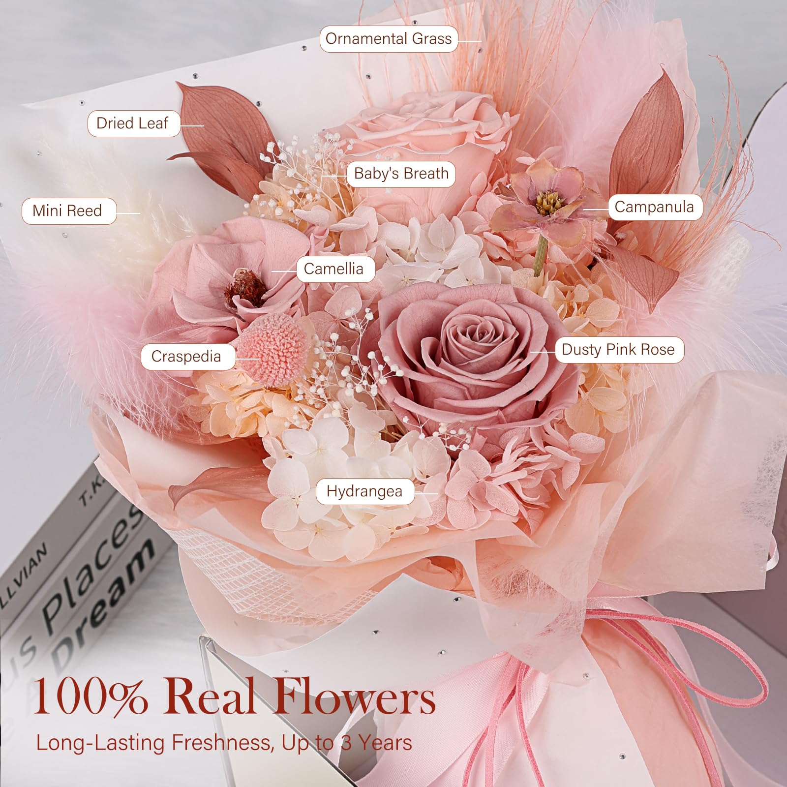 MAMAMIKO bouquet avec vase assorti exposé, apporte décoration sans entretien