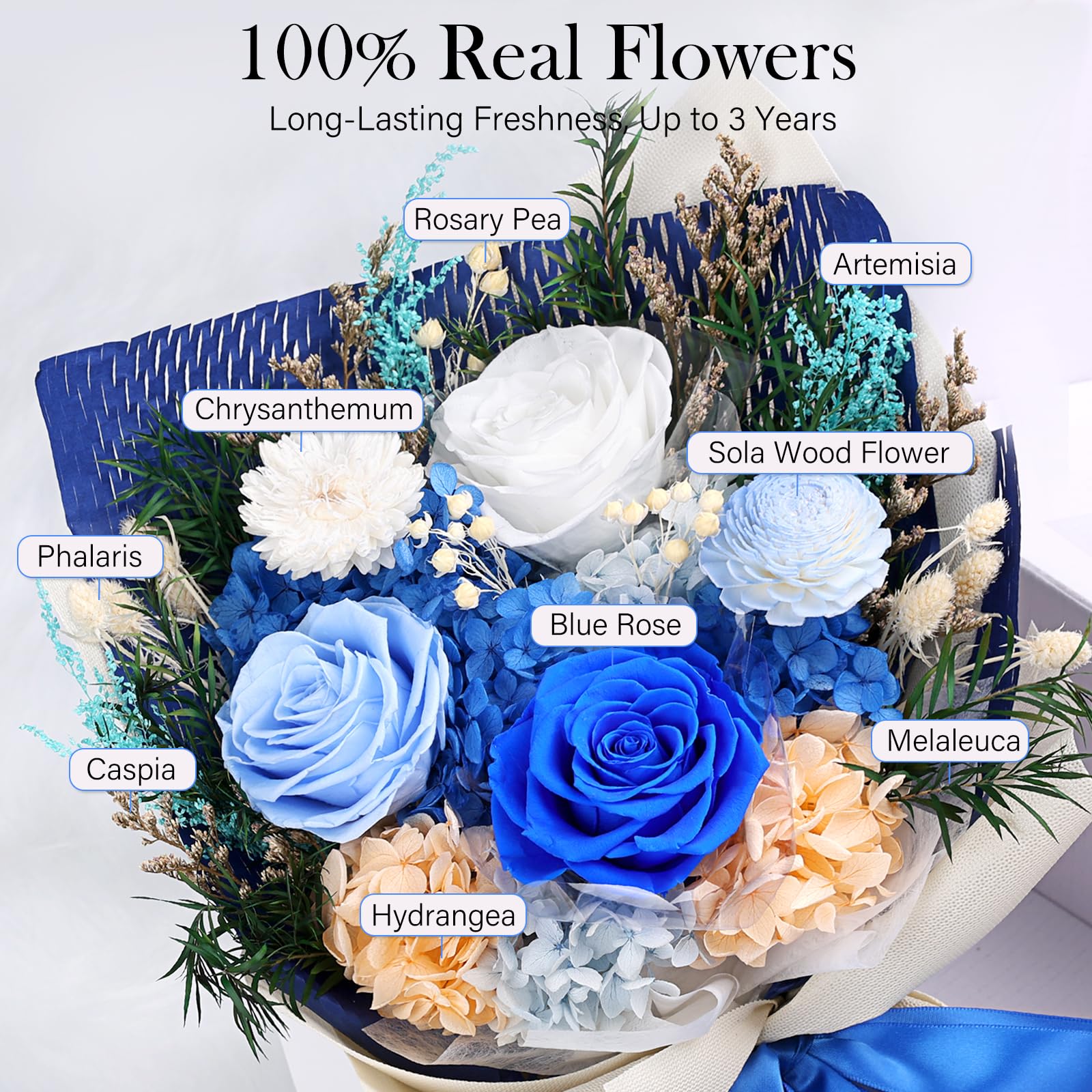 MAMAMIKO bouquet de fleurs préservées bleu vu de face, élégance durable instantanée
