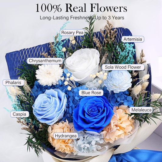 MAMAMIKO bouquet de fleurs préservées bleu vu de face, élégance durable instantanée