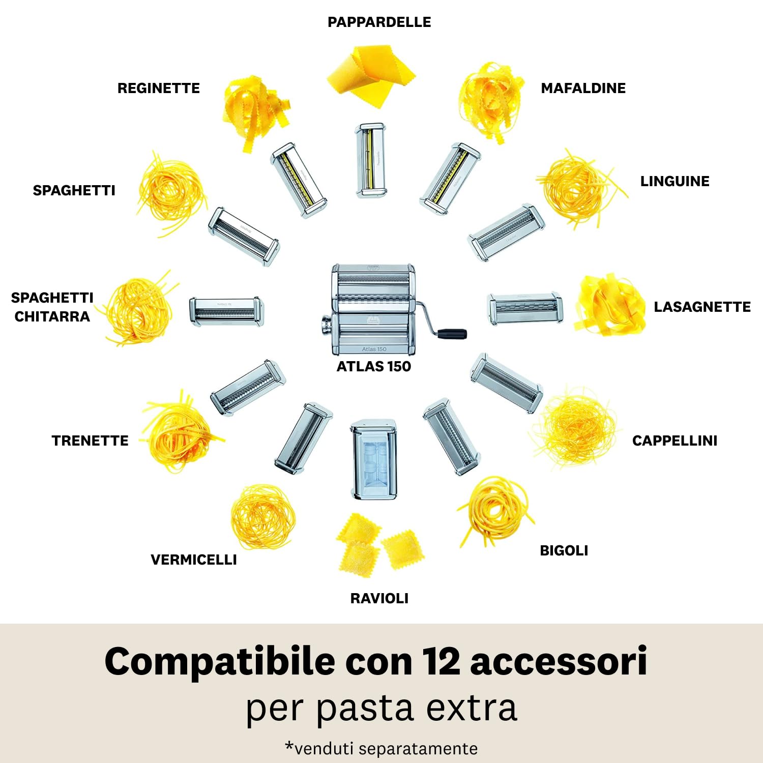 MARCATO Atlas 150 accessoire coupe fettuccine installé, découpe nette et régulière