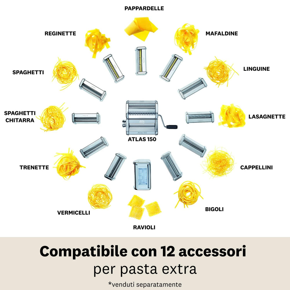 MARCATO Atlas 150 accessoire coupe fettuccine installé, découpe nette et régulière