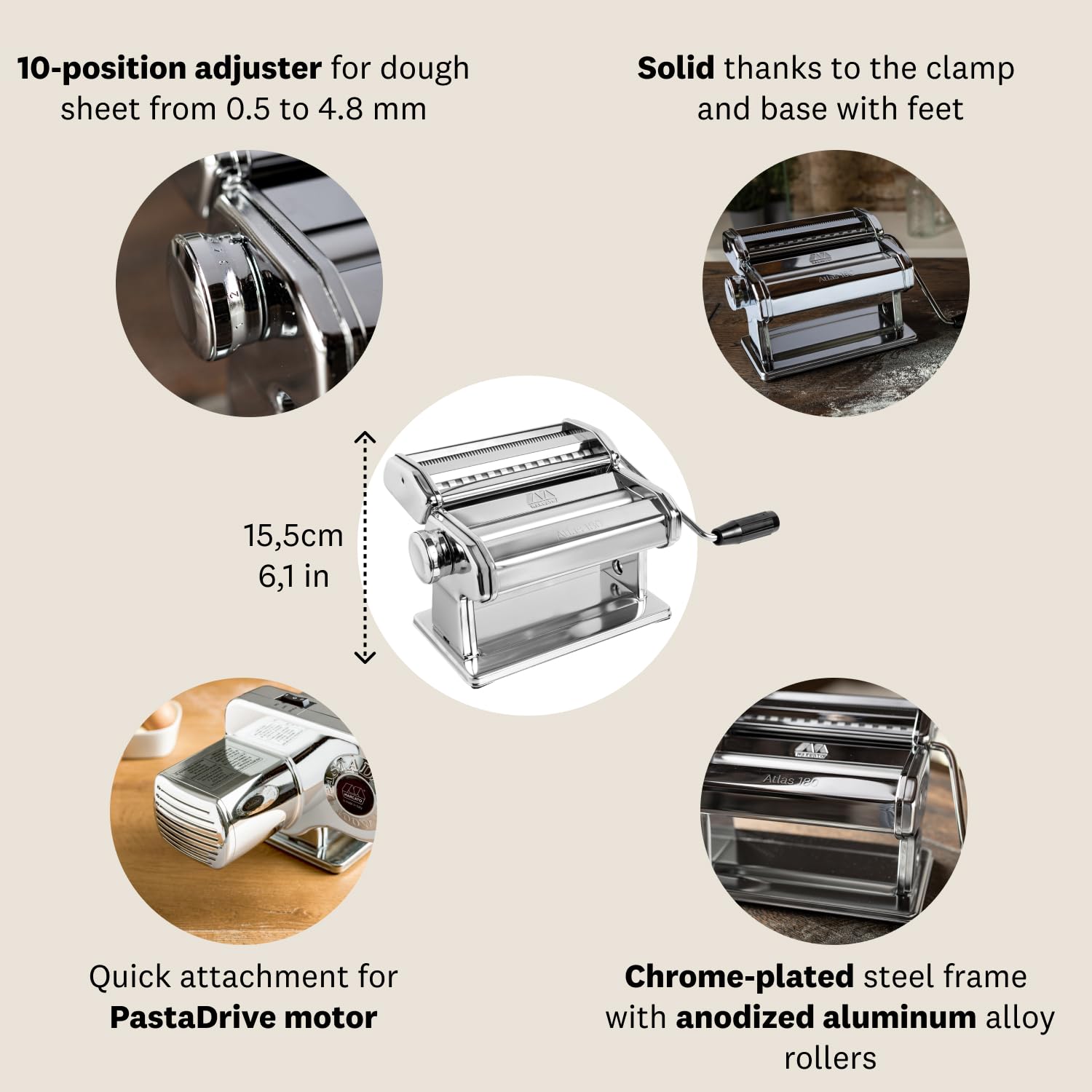 MARCATO Atlas 180 comparaison taille avec main pour évaluer encombrement