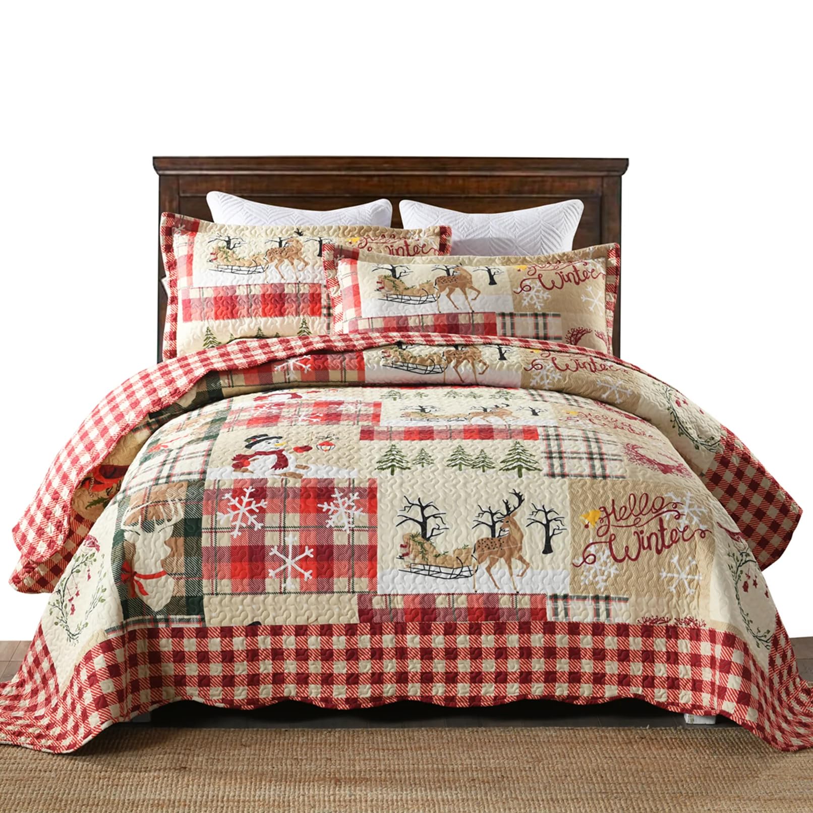 Parure MarCielo vue avant sur lit montrant motif tartan et rennes, crée une ambiance chaleureuse