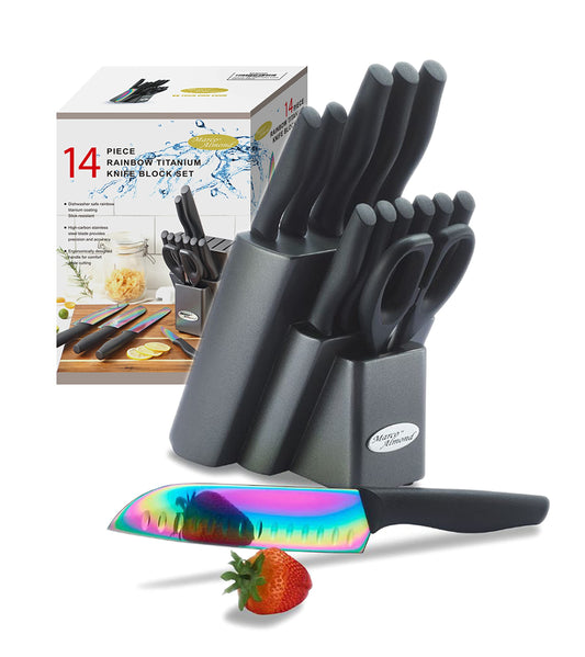 Marco Almond ensemble face avant montrant bloc en bois et couteaux colorés pour rangement propre