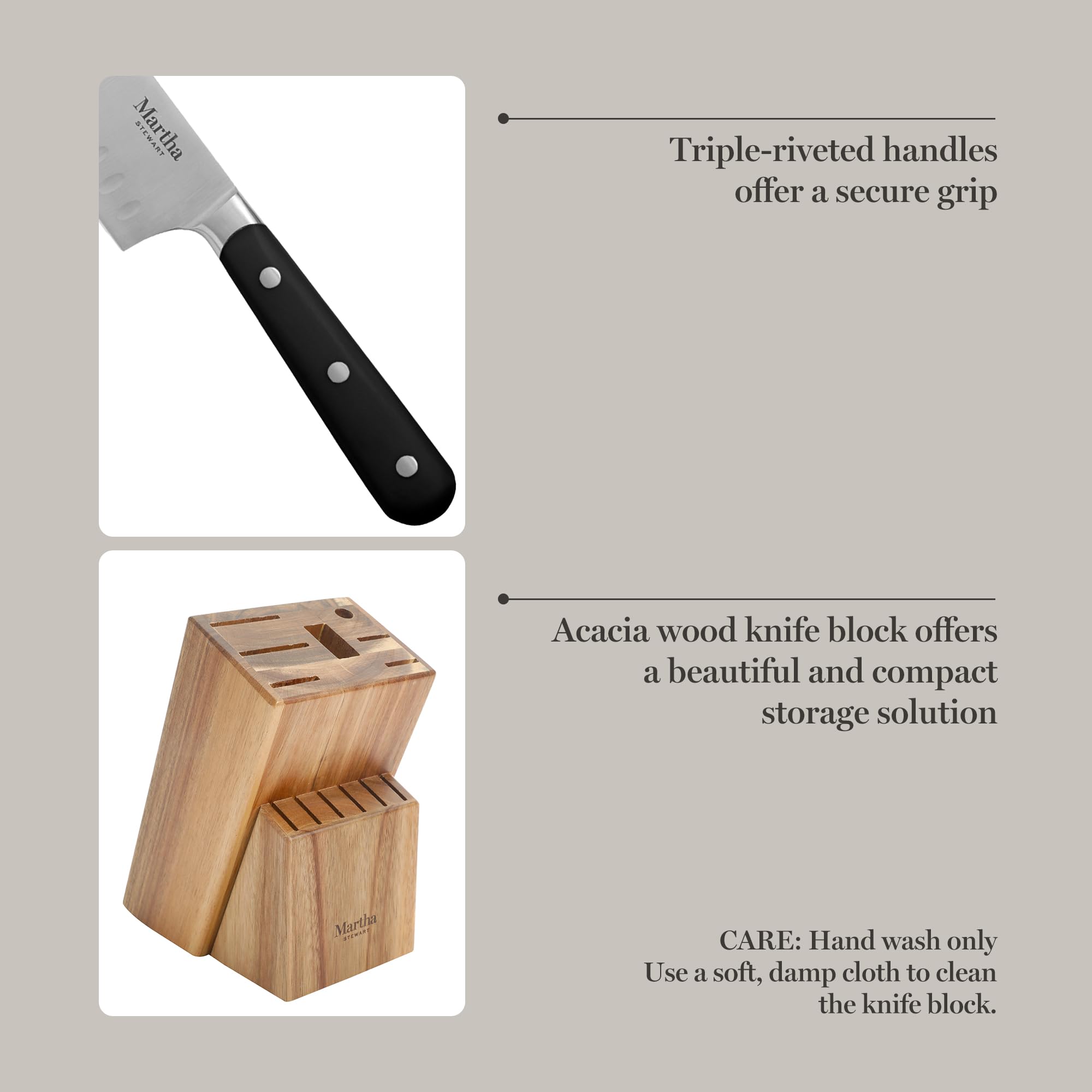 Martha Stewart bloc en acacia noir mat offrant rangement ordonné et protection