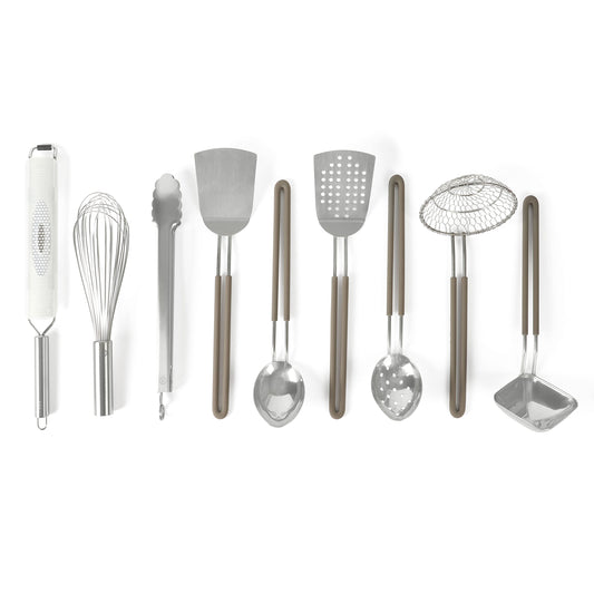 Martha Stewart ensemble face montrant neuf ustensiles et finition brillante