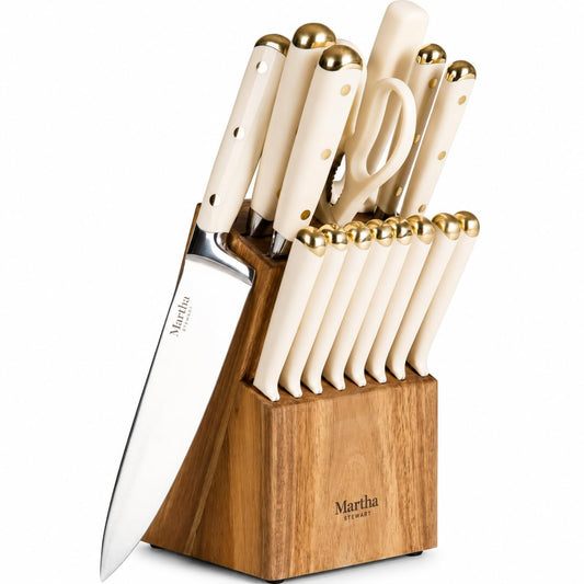 Martha Stewart vue avant du coffret avec bloc et couteaux, design élégant