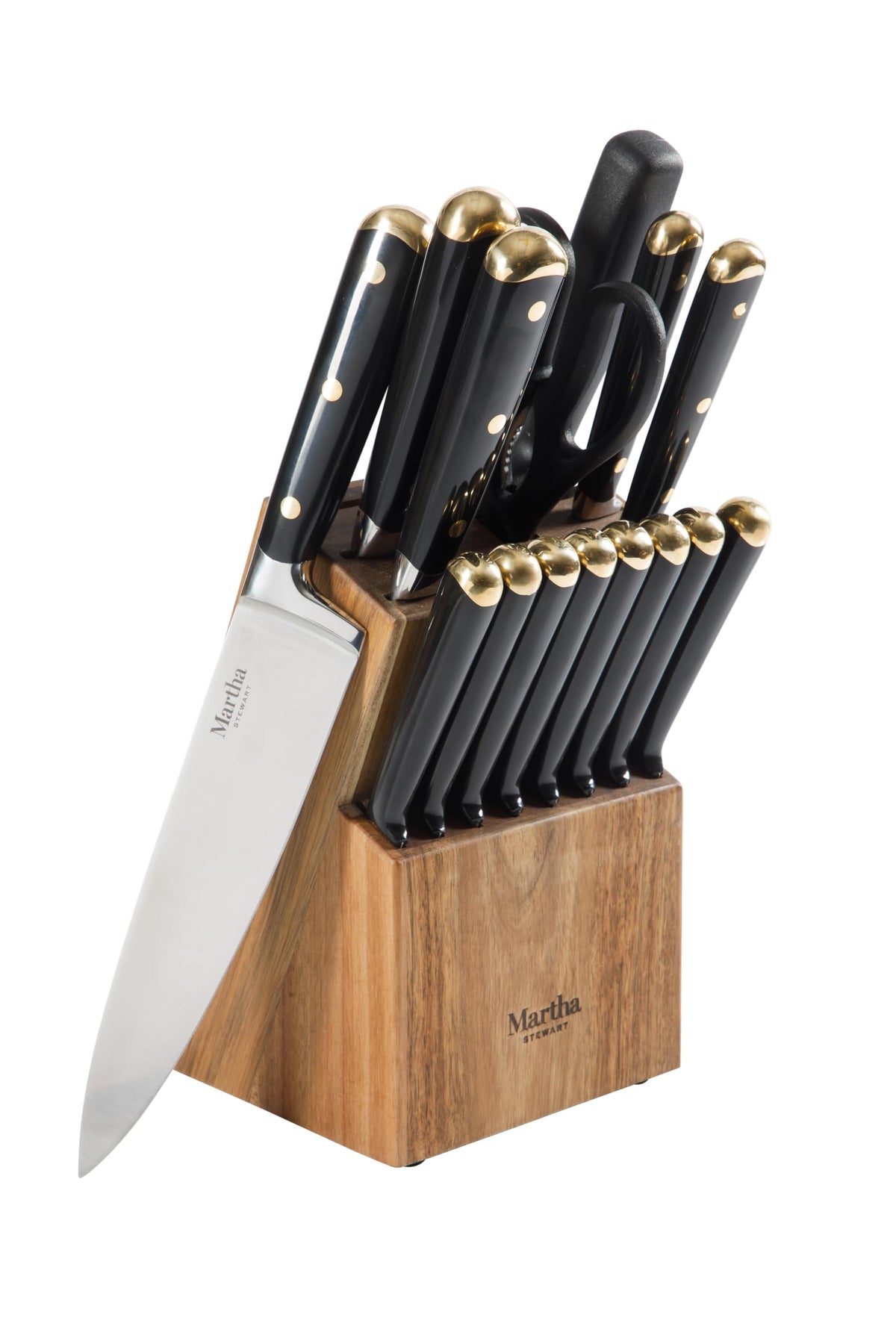 Martha Stewart vue de face du coffret affichant tous les couteaux, rangement pratique