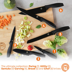 MasterChef gros plan sur la lame Santoku montrant le tranchant et la finition antiadhésive