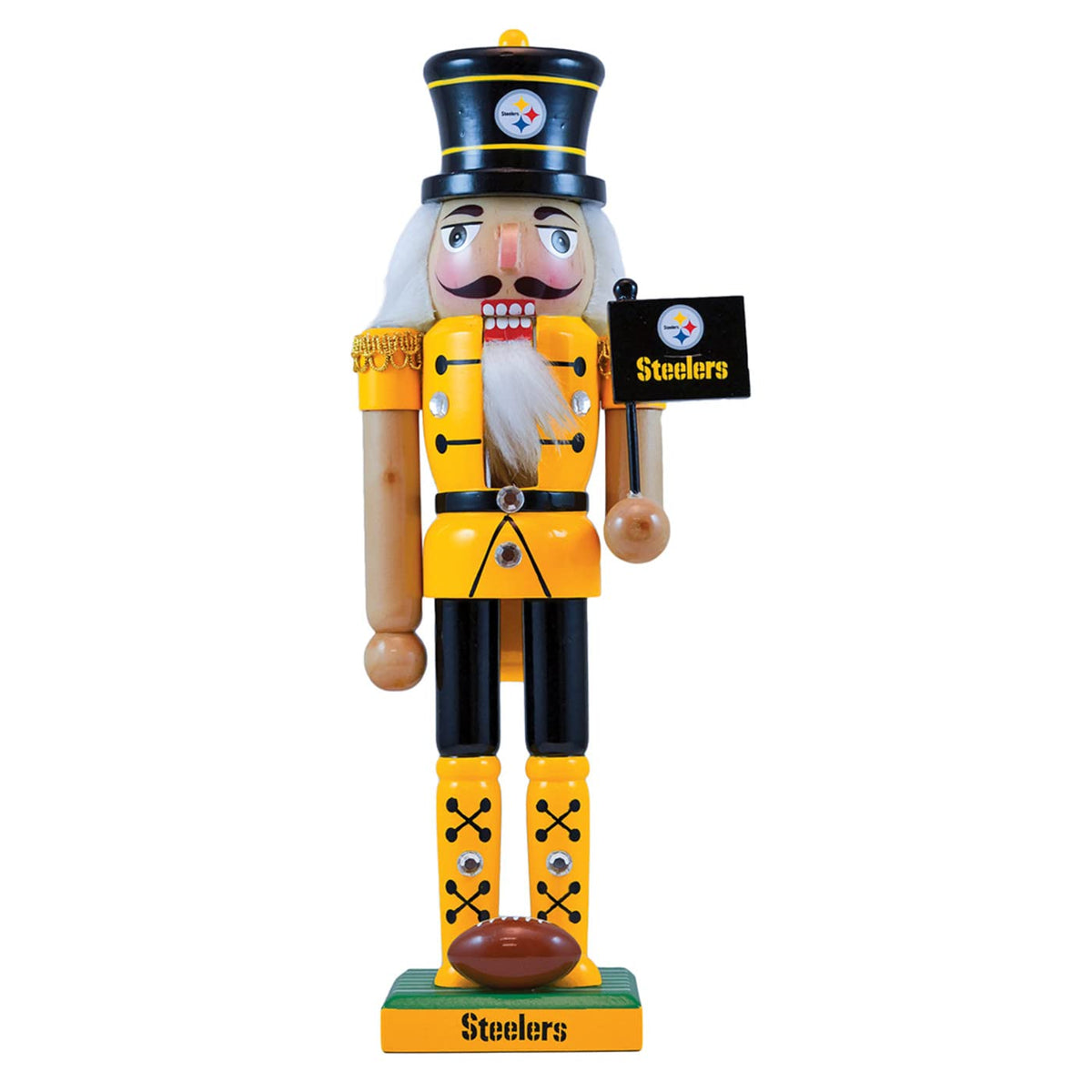 Masterpieces casse-noisette Pittsburgh Steelers vue de face montrant les couleurs officielles et l'impact décoratif