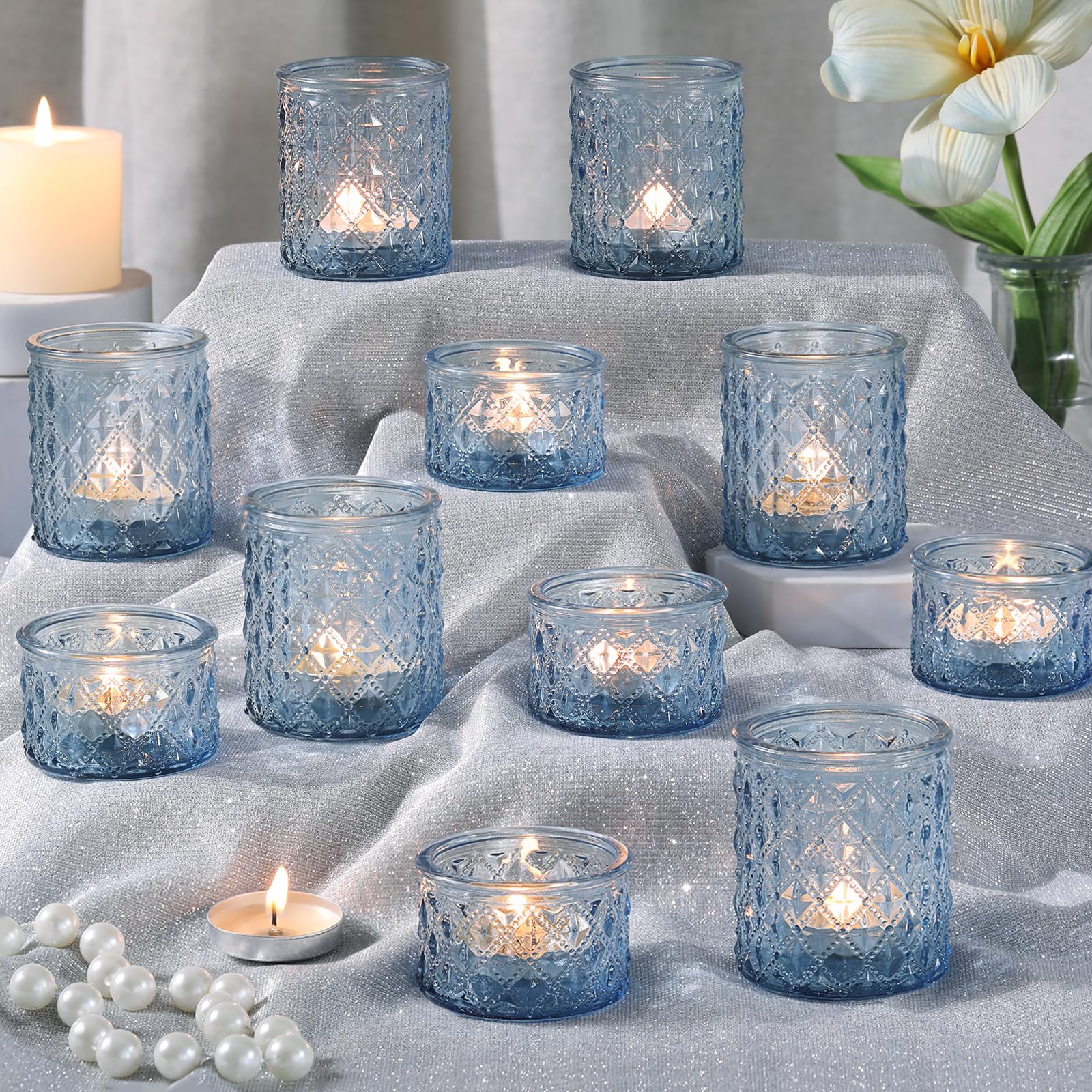 MATAHUM porte-bougies bleu face avant montrant élégance et diffusion de lumière