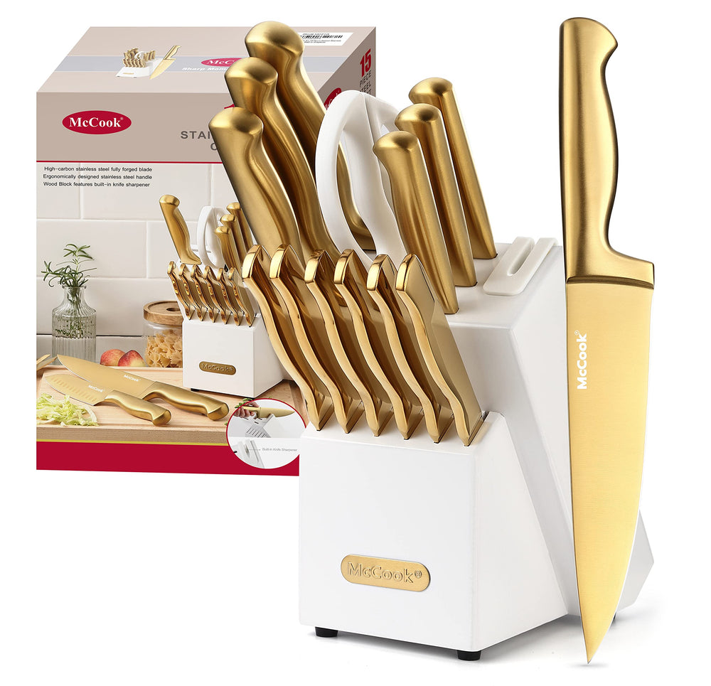 McCook bloc bois blanc avec ensemble de couteaux dorés, rangement organisé