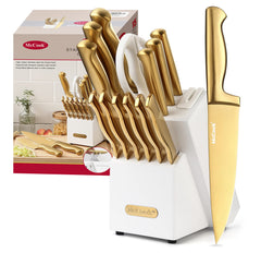 McCook bloc bois blanc avec ensemble de couteaux dorés, rangement organisé