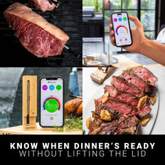 MEATER Plus inséré dans une pièce de viande sur barbecue pour surveillance à distance