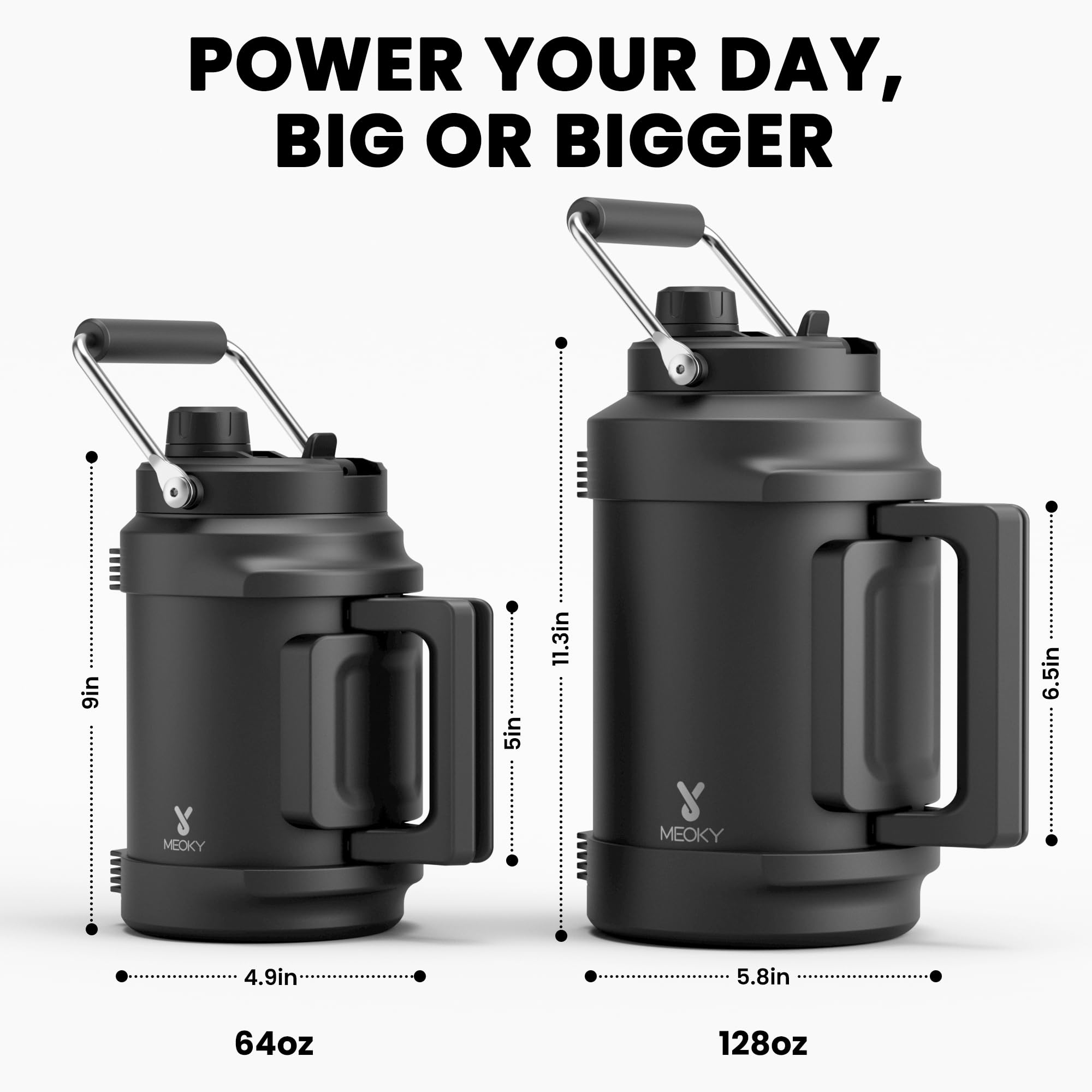 Meoky comparaison taille main illustrant grande capacité demi-gallon