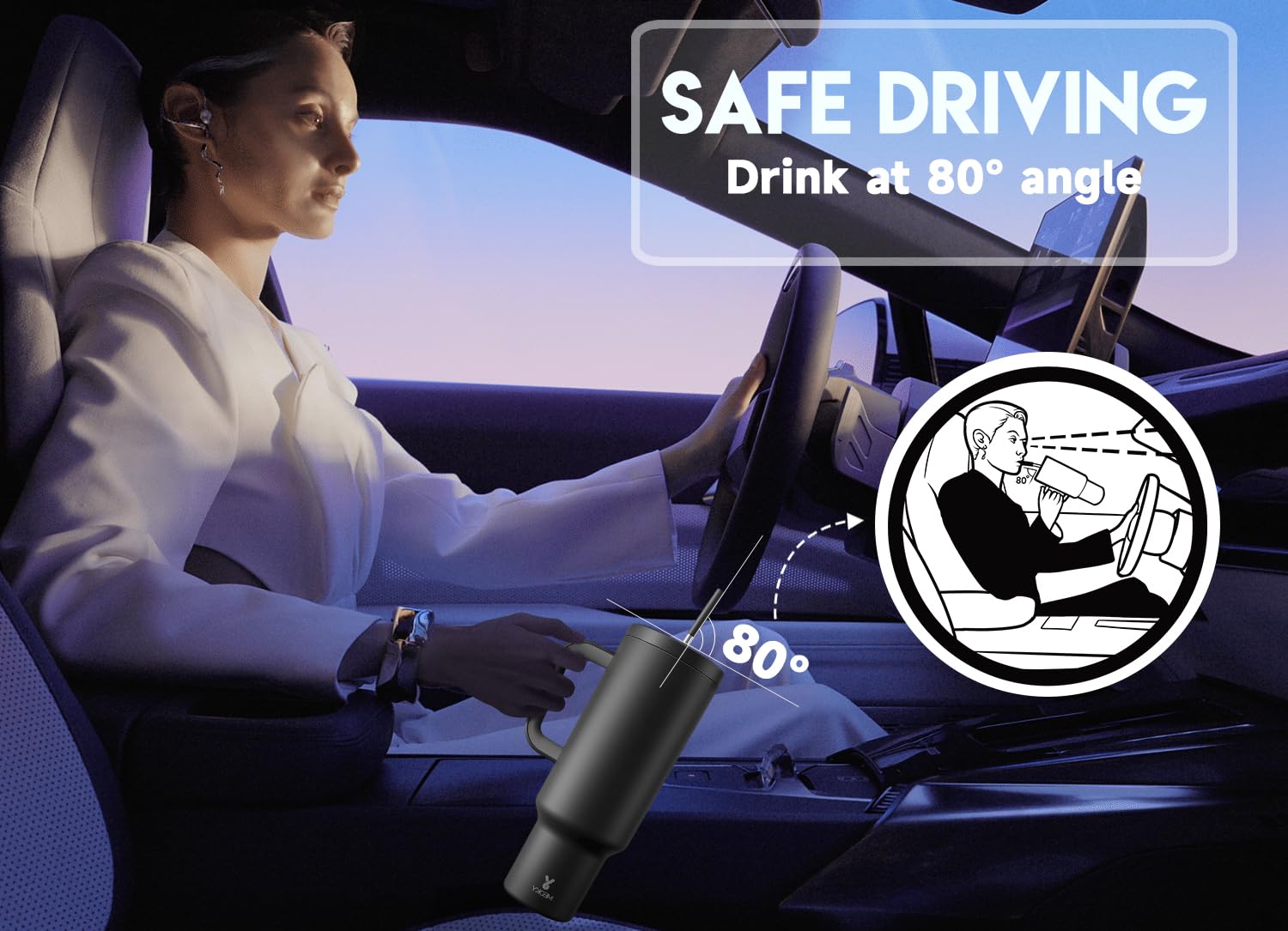 Meoky dans porte-gobelet voiture Night montrant compatibilité et confort en trajet