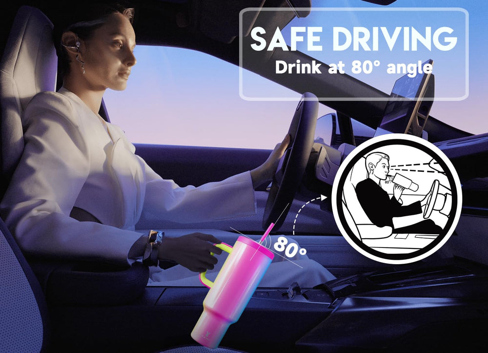 Meoky tumbler placé dans un porte-gobelet de voiture pour les trajets