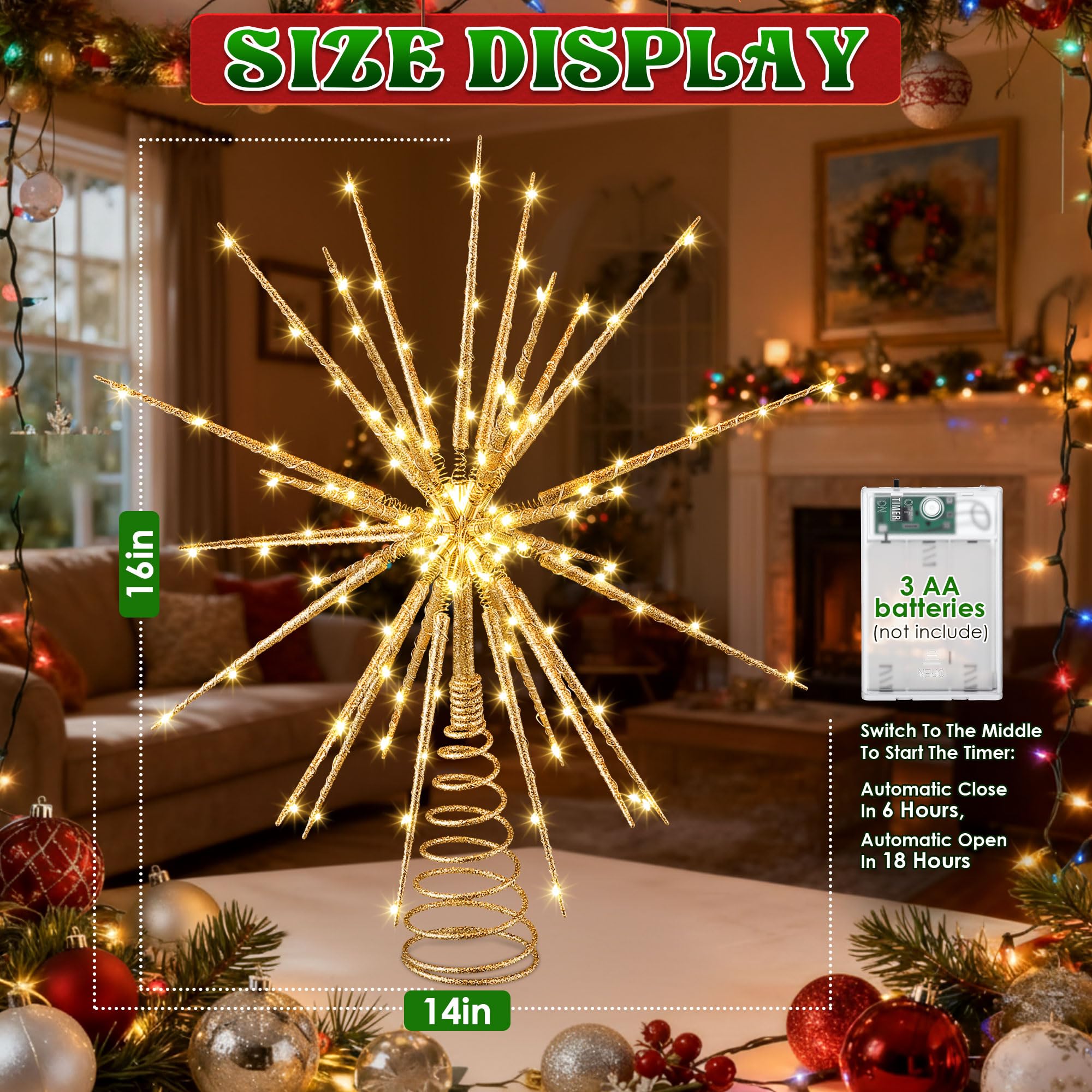 Meonum topper installé sur sapin complet créant une couronne lumineuse