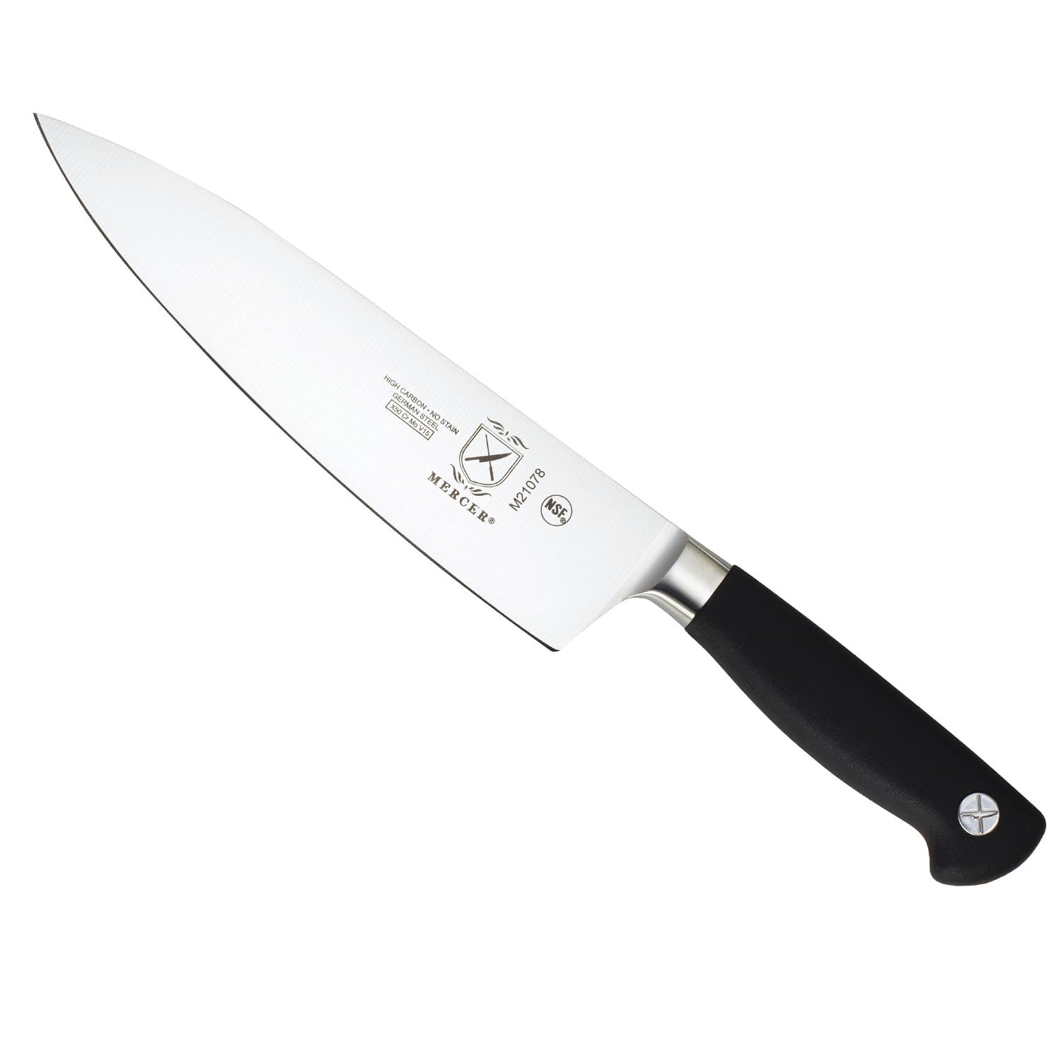 Mercer Culinary vue de face du couteau 8 pouces montrant la lame et l'équilibre
