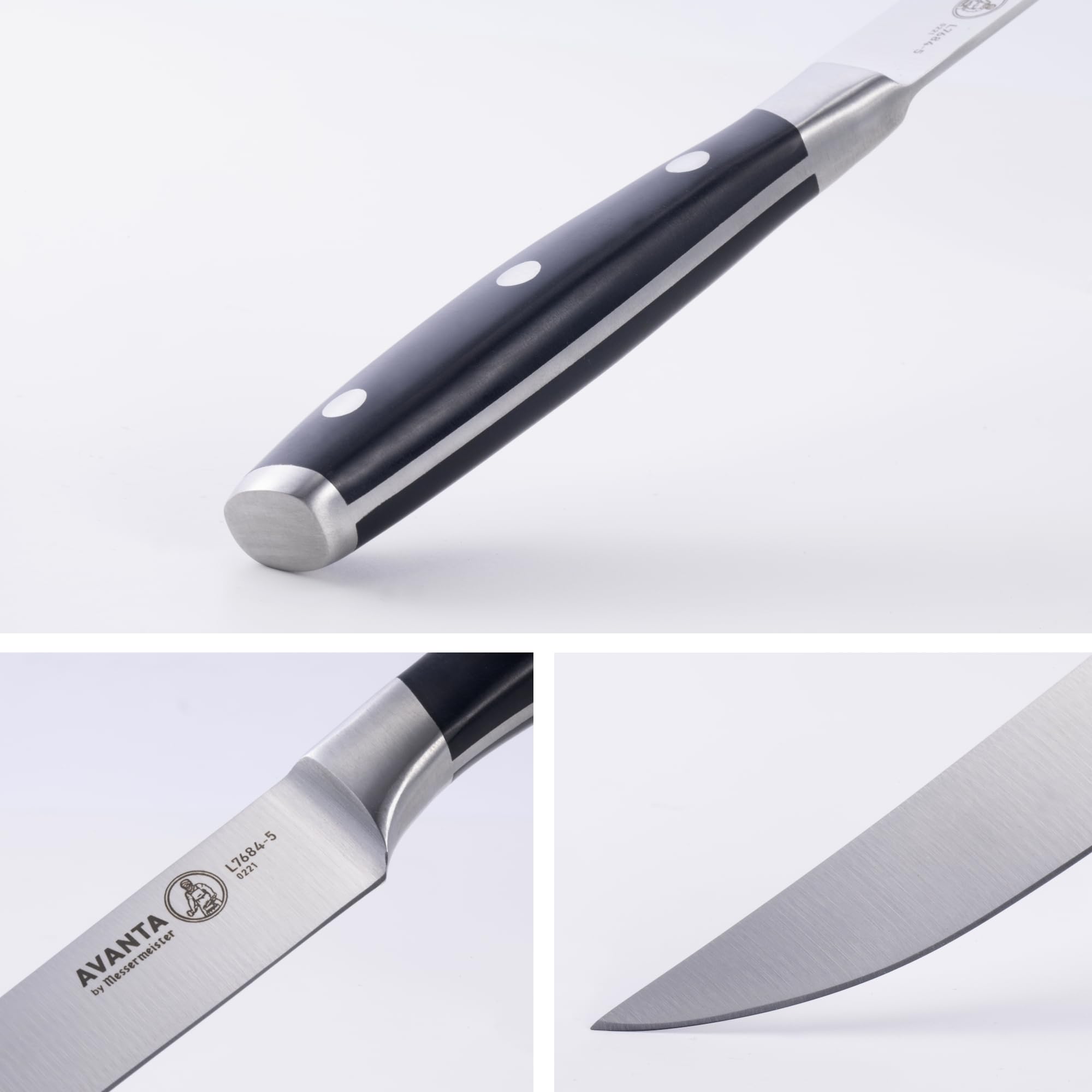 Couteau Messermeister Avanta en usage sur steak à table, coupe nette préservant jus et texture
