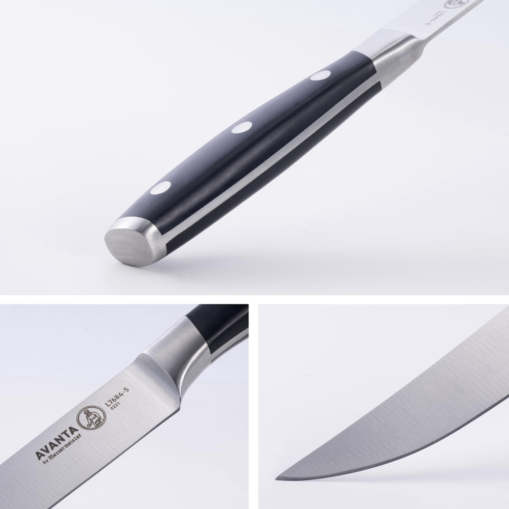 Couteau Messermeister Avanta en usage sur steak à table, coupe nette préservant jus et texture