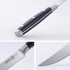 Couteau Messermeister Avanta en usage sur steak à table, coupe nette préservant jus et texture