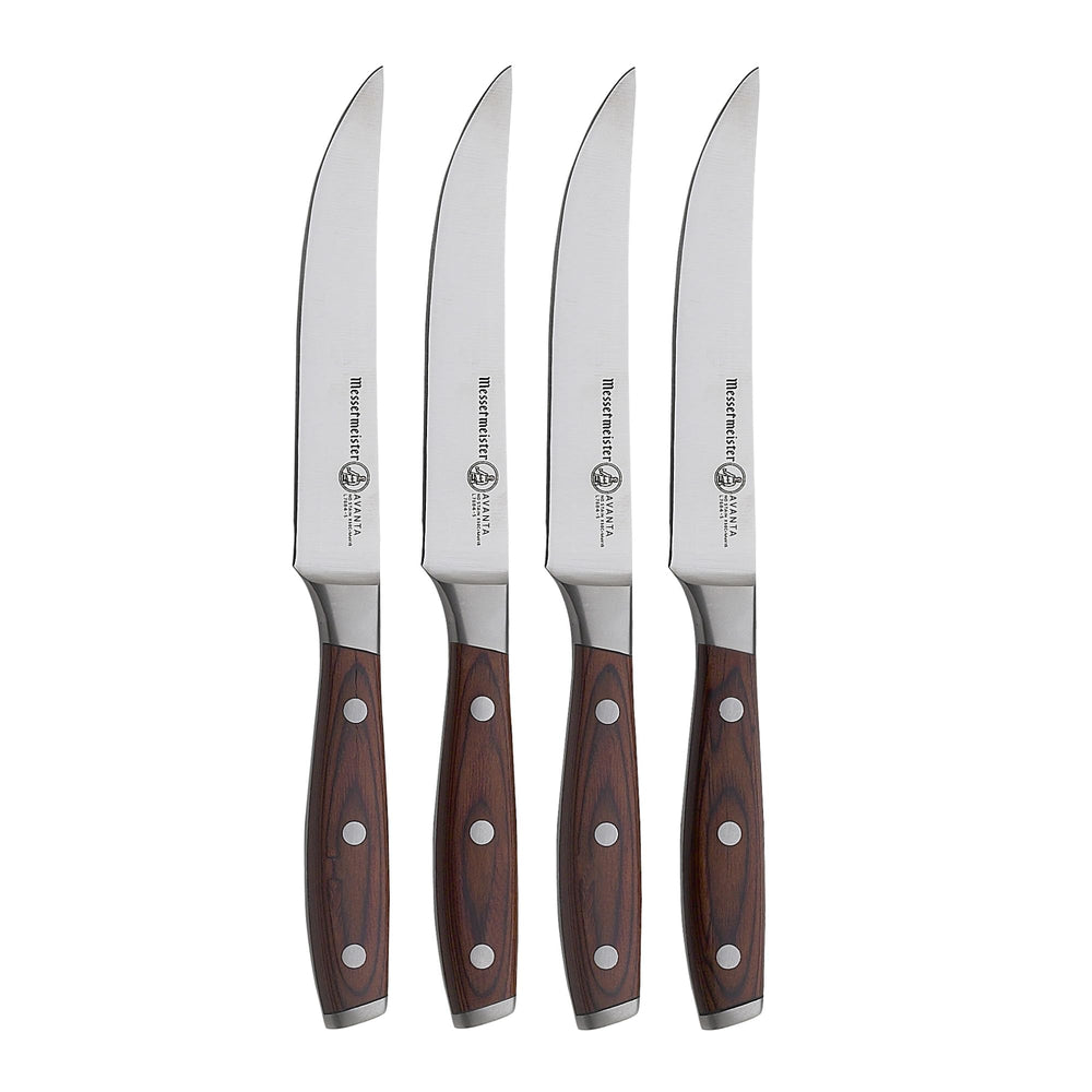 messermeister Avanta devant du coffret montrant quatuor de couteaux à steak, résistance et élégance