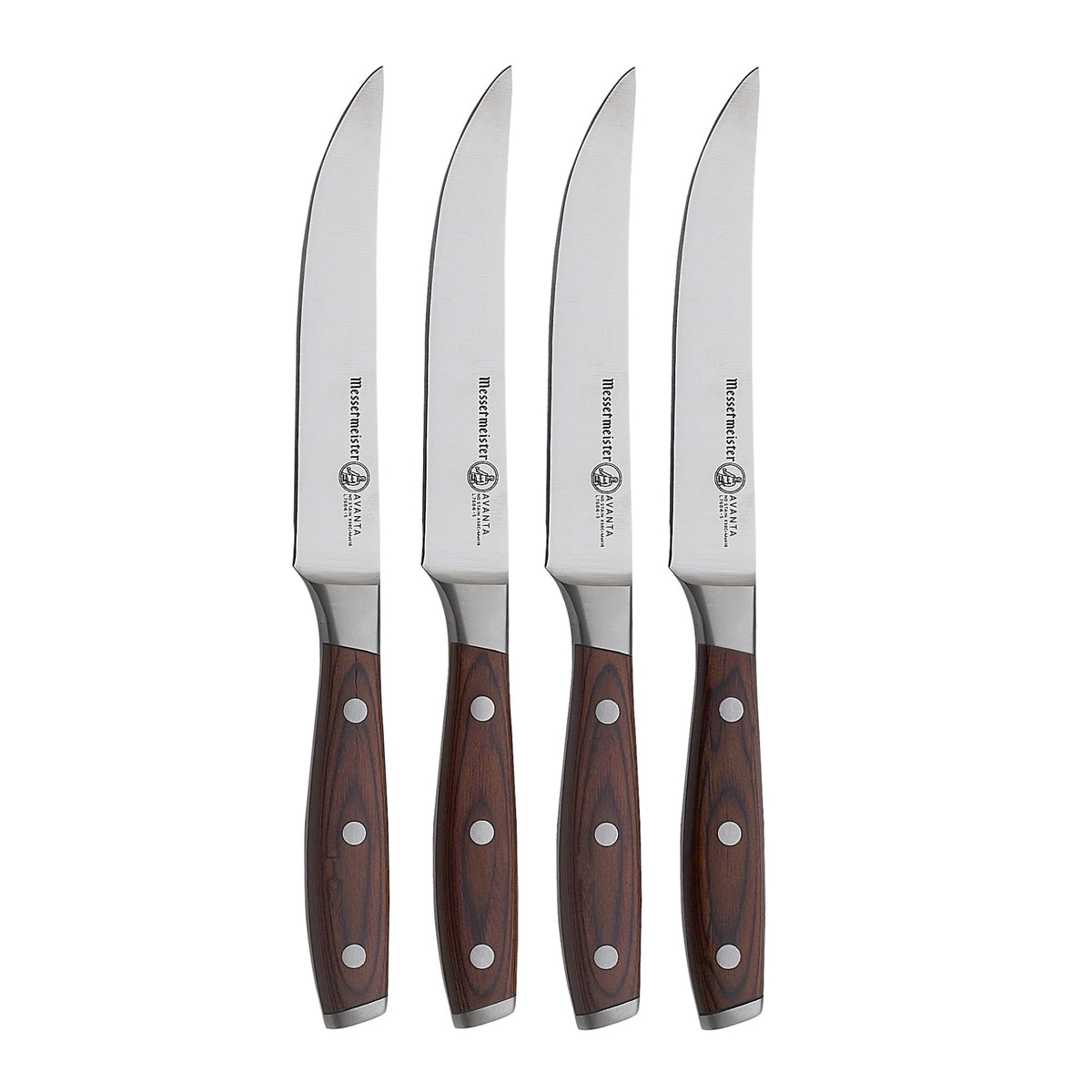 messermeister Avanta devant du coffret montrant quatuor de couteaux à steak, résistance et élégance