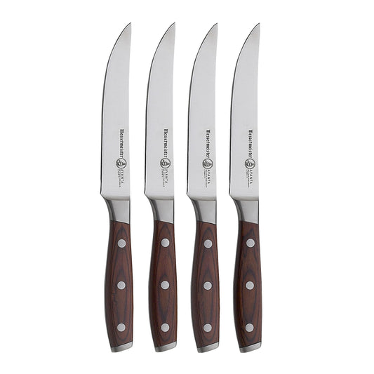 messermeister Avanta devant du coffret montrant quatuor de couteaux à steak, résistance et élégance