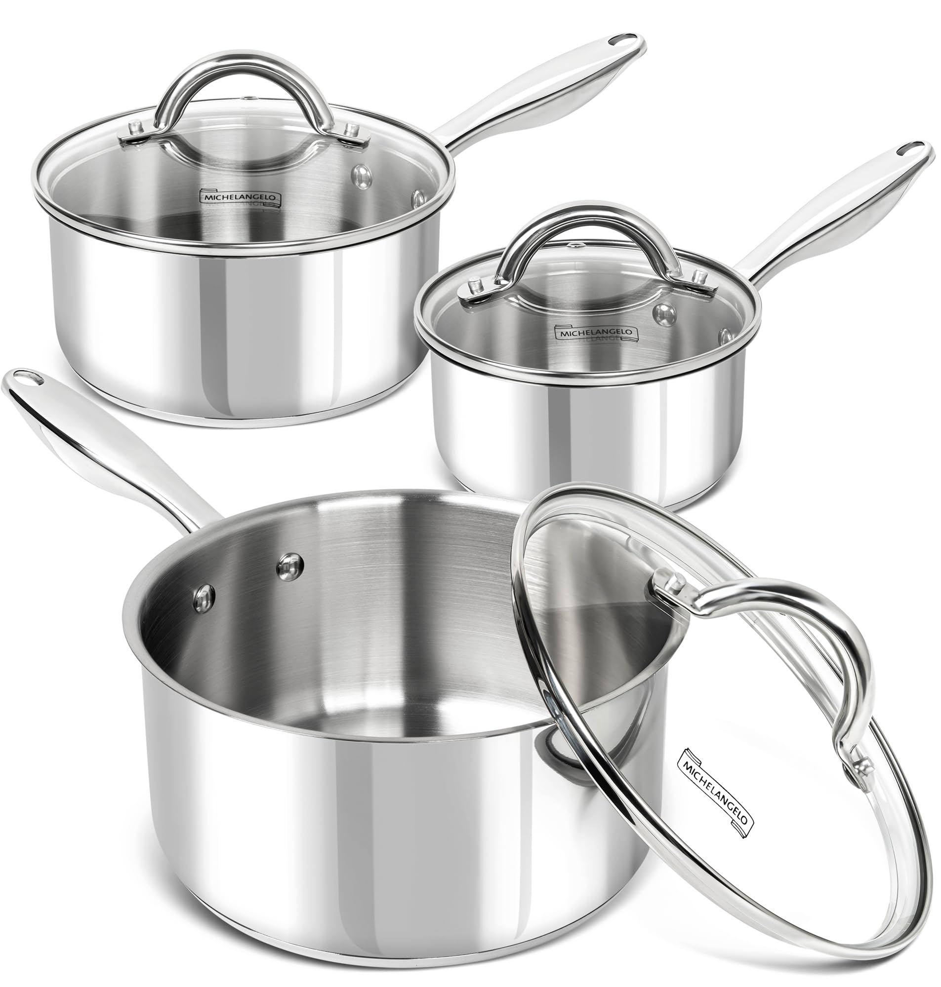 MICHELANGELO ensemble devant montrant les trois casseroles, durable et polyvalent