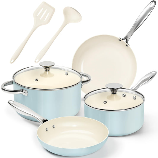 MICHELANGELO ensemble devant affichant poêles et casseroles bleu, gain de rangement