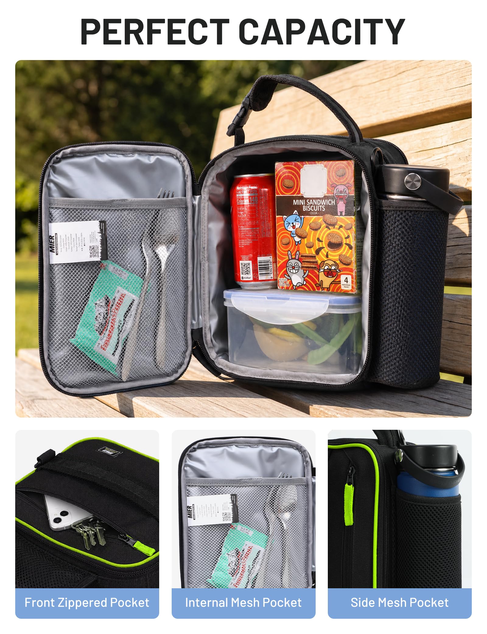 MIER lunch box ouverte montrant grande capacité et rangement pour canettes
