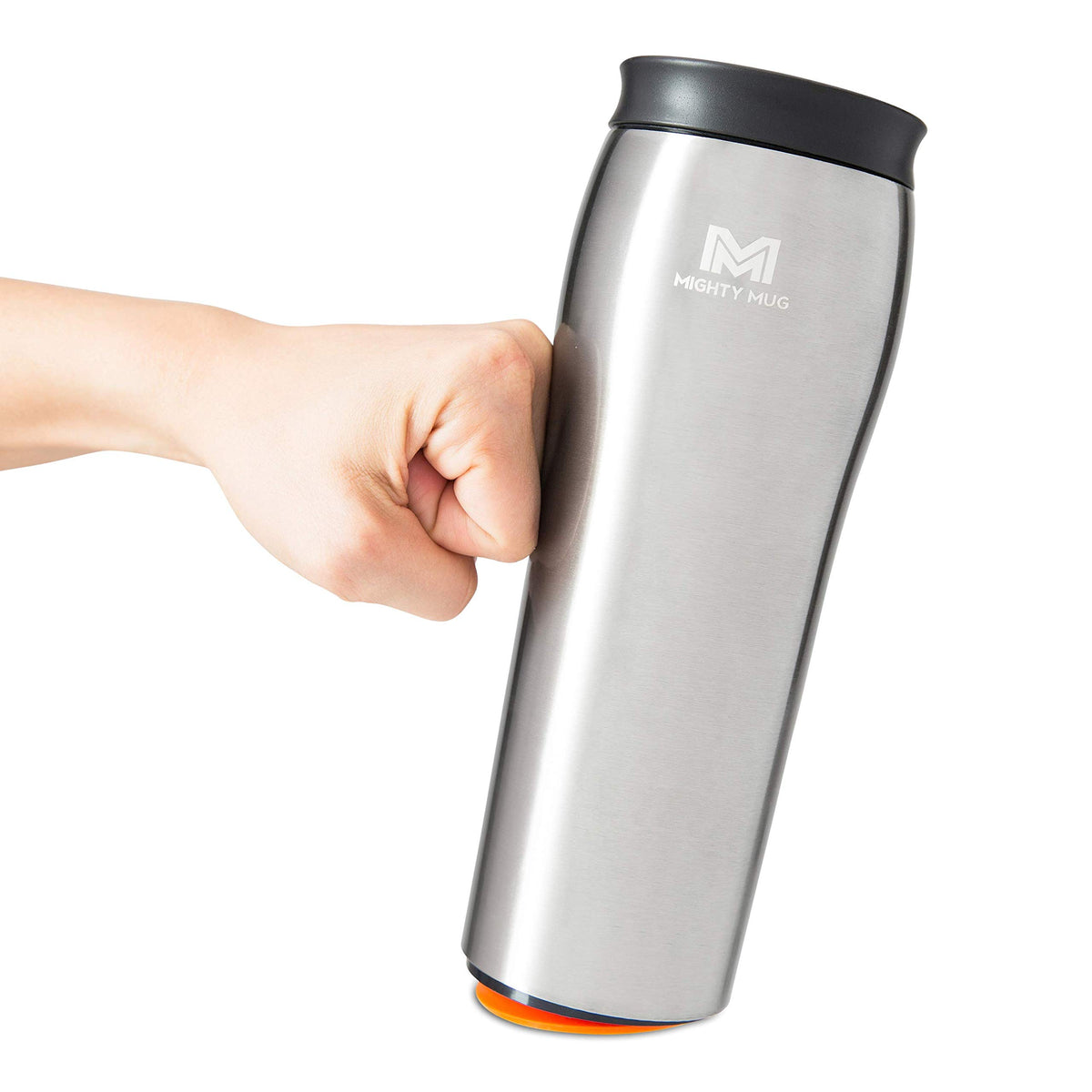 Mighty Mug vue de face argent montrant la finition métallique et l'isolation