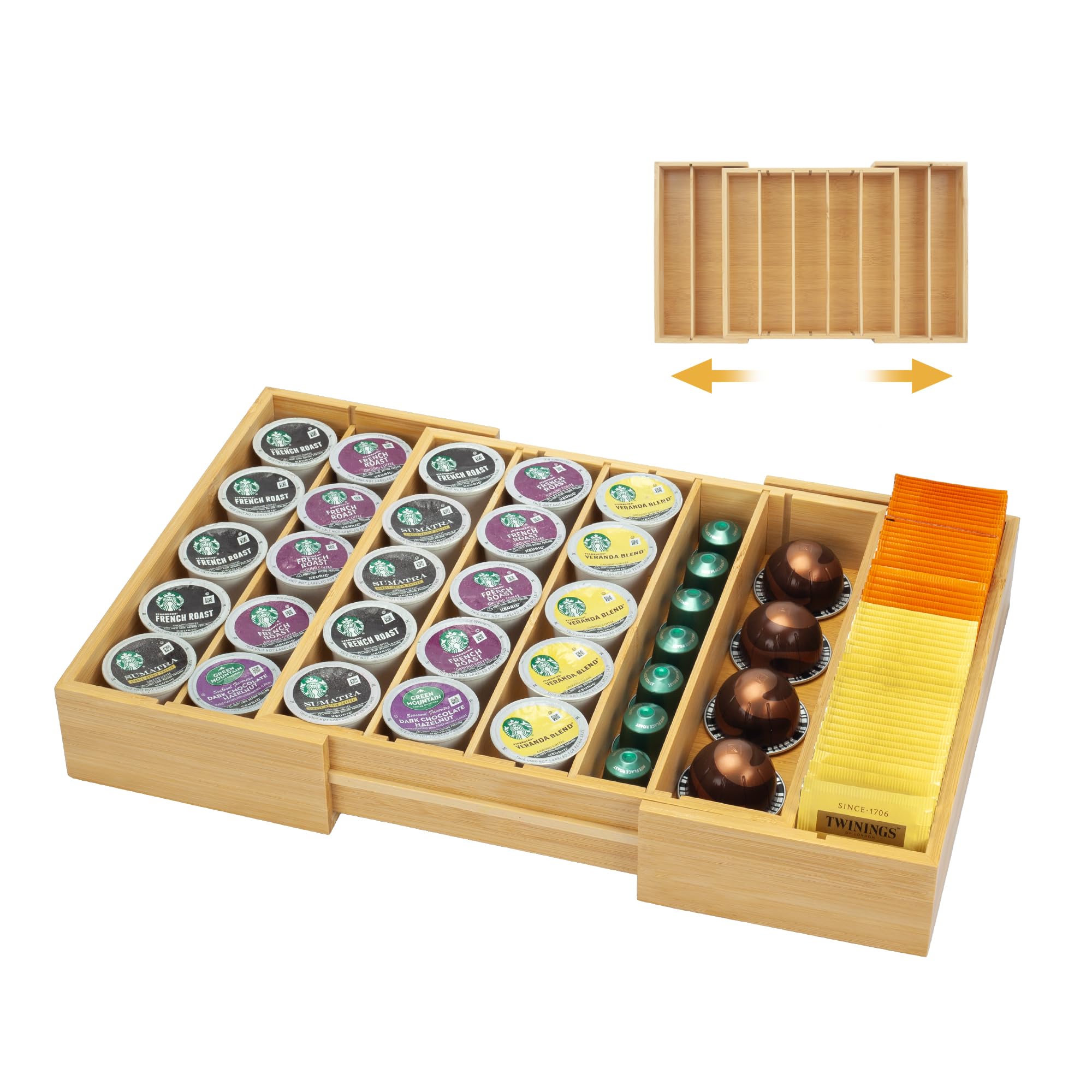 MinBoo vue frontale du porte-capsules en bambou, organisation et gain de place