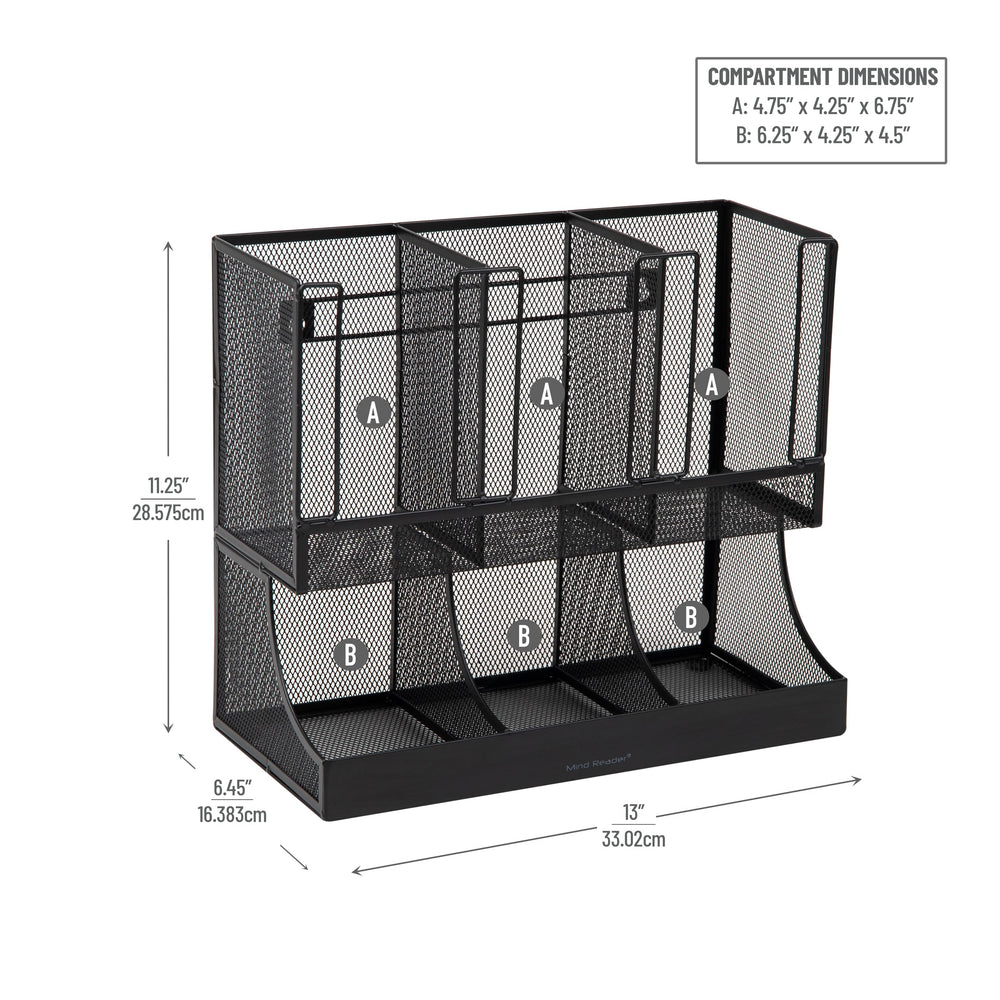 Mind Reader compartiments remplis de gobelets illustrant rangement clair et pratique