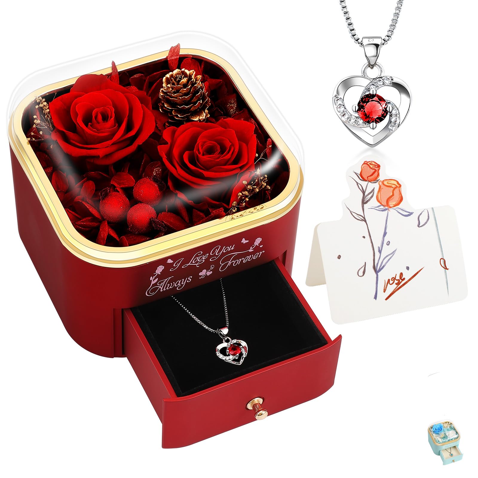 minstely coffret face avant montrant la rose, cadeau durable et élégant