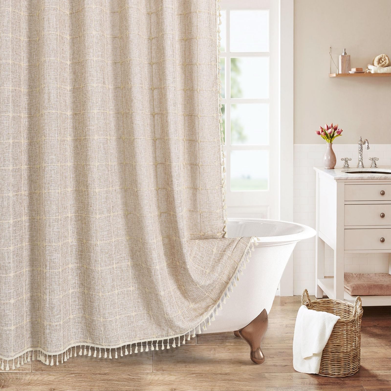 MitoVilla rideau face avant carreaux tan, style farmhouse chaleureux
