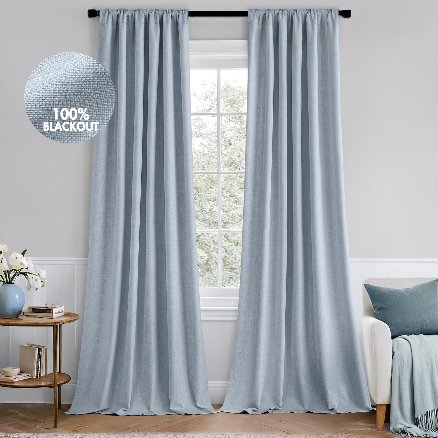 MIULEE vue frontale du lot de rideaux chambray bleu montrant style et occultation