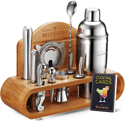 Mixeries kit complet face montrant le set 19 pièces et le support en bambou, parfait pour organisation