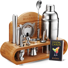 Mixeries kit complet face montrant le set 19 pièces et le support en bambou, parfait pour organisation
