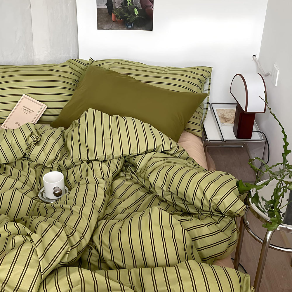 mixinni vue avant de la housse de couette montrant rayures olive et taupe, ajoute élégance