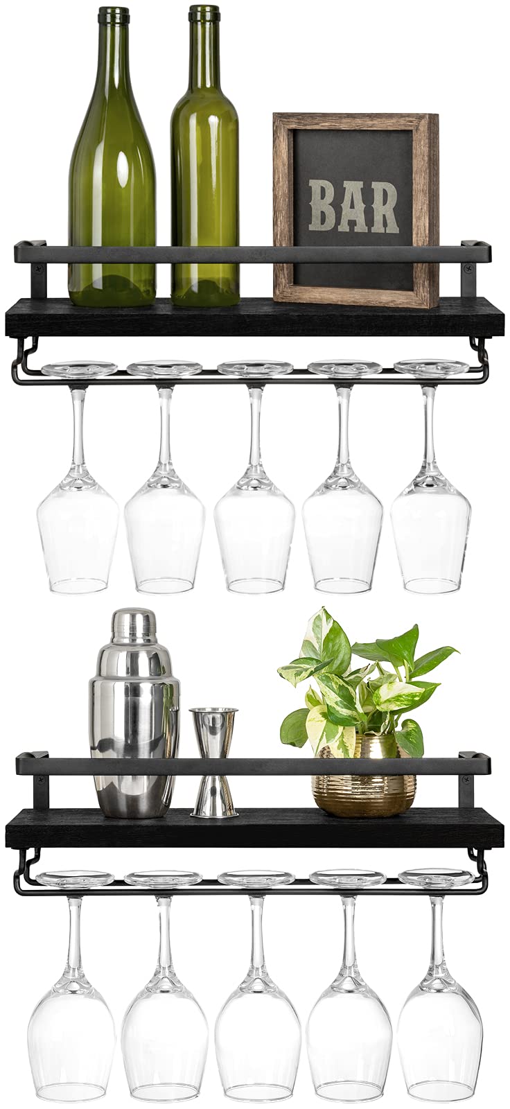Mkono étagère murale face avant montrant rangement bouteilles et verres pour organiser